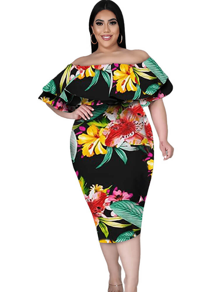Off Shoulder Floral Print Bodycon Midi Dress
