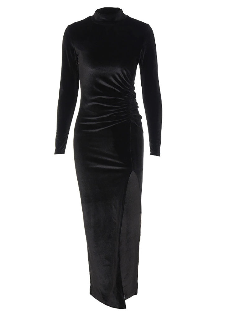 Velvet Long Sleeves Ruched Split Maxi Dress