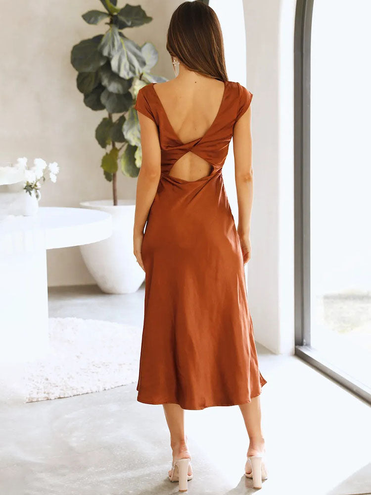 Satin Sleeveless Blackless Midi Dress