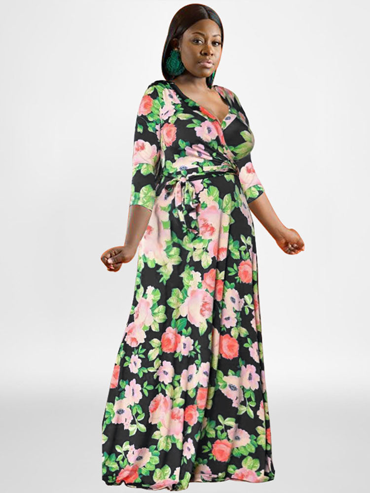 Plus Size Long Sleeves Floral Print Maxi Dress