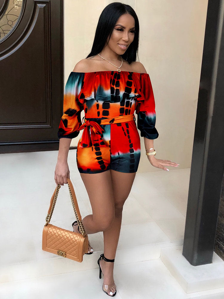 Off Shoulder Floral Print Belted Romper