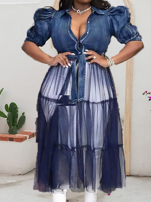 Haut à manches courtes en patchwork de denim et de maille