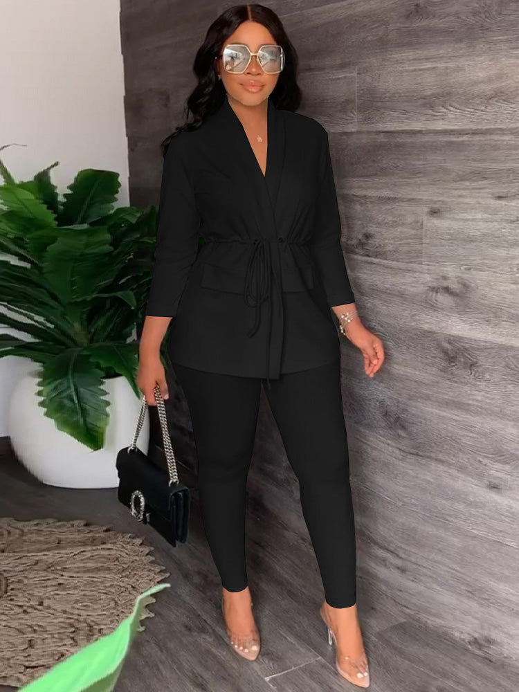 Two Piece Drawstring Blazer Bodycon Long Pants