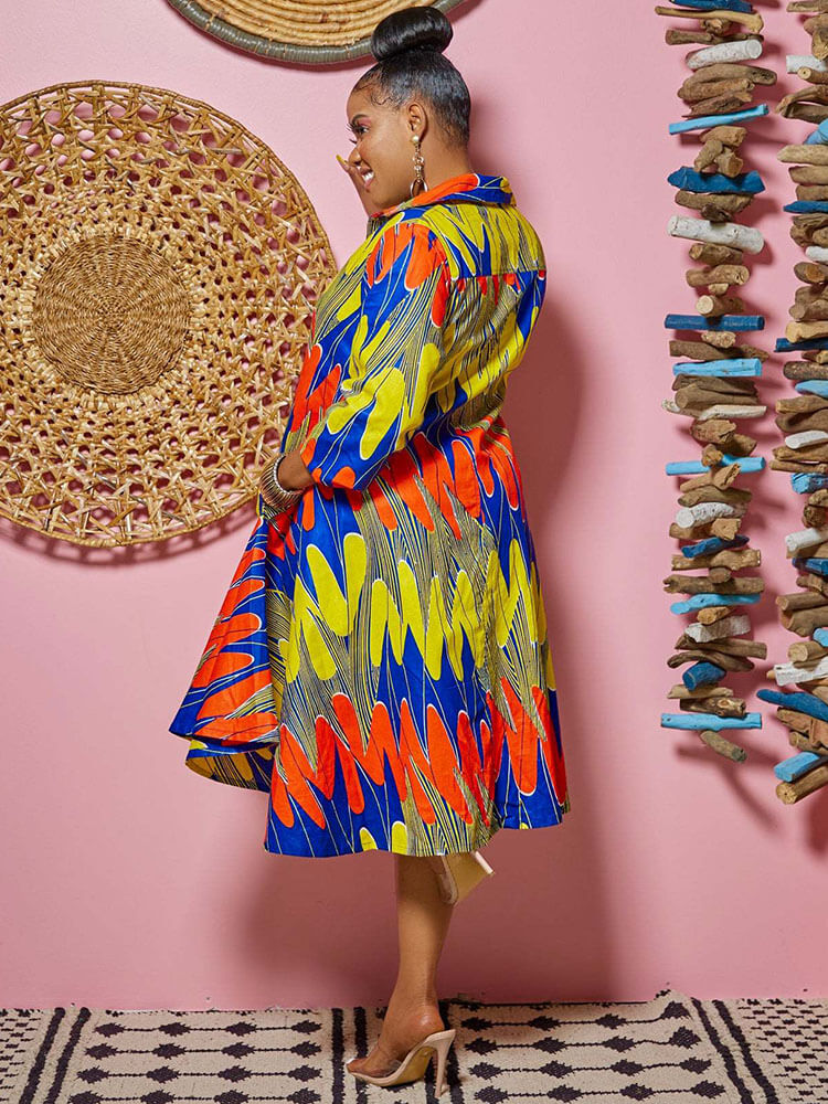 Long Sleeves Figure Print Midi Shirt Dress