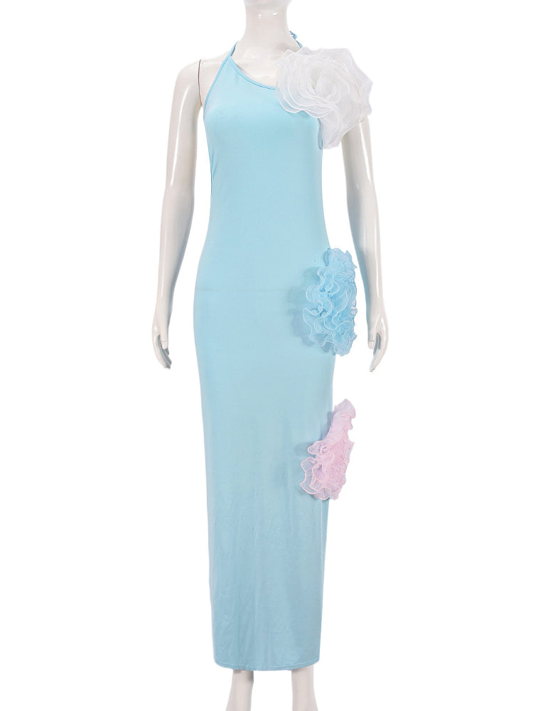 3D Floral Embellished Backless Halter Dress