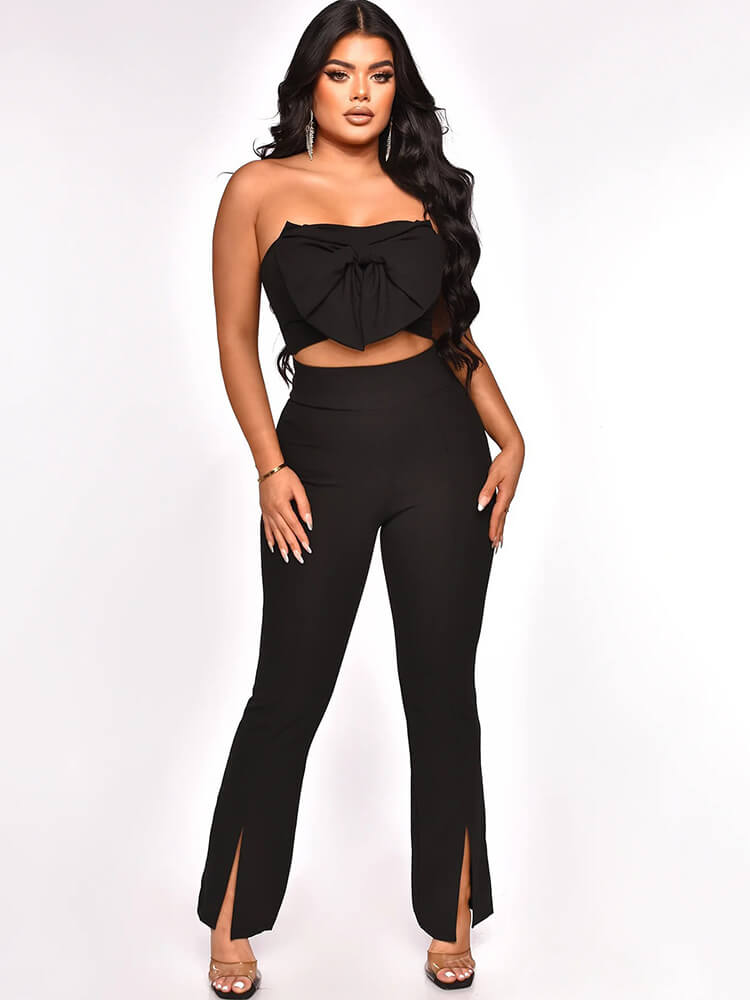 Two Piece Off Shoulder Crop Top Split Pants