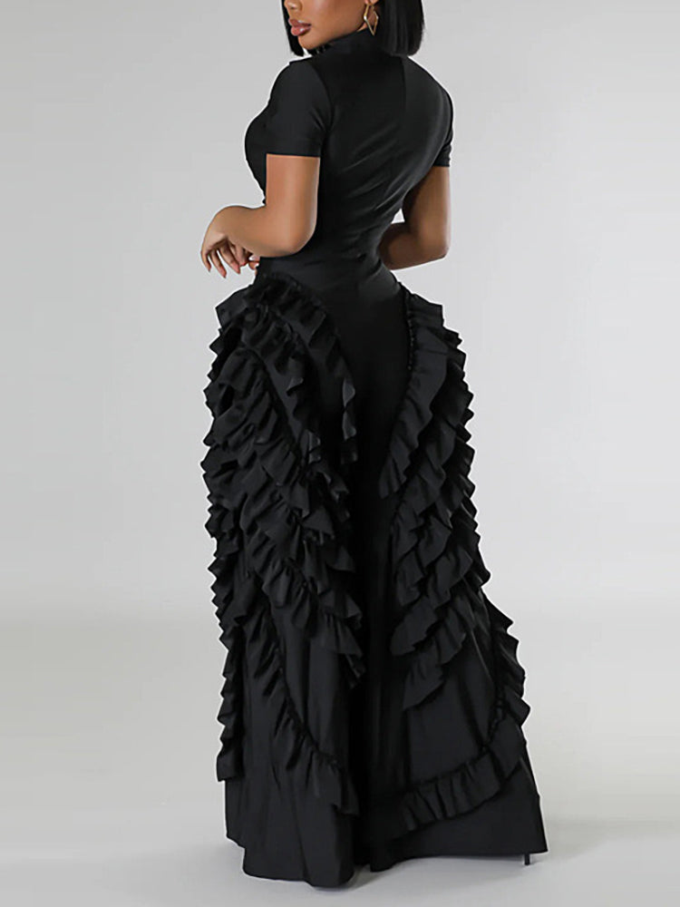 Two Pieces Short Sleeve Ruffle Trim Jumpsuit