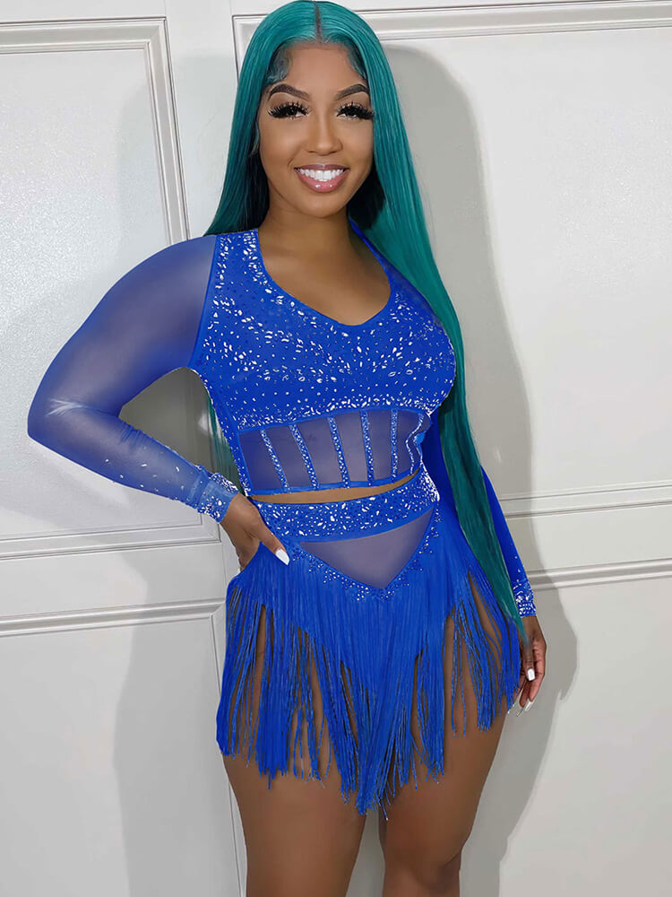 Mesh Long Sleeve Rhinestone Top Tassel Skirts