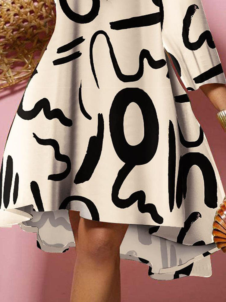 Long Sleeves V Neck Print Midi Dress