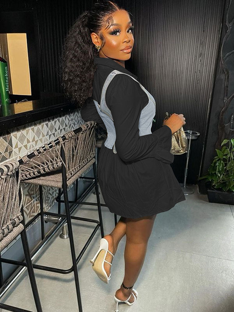 Denim Vest Flared Sleeve Mini Shirt Dress Set