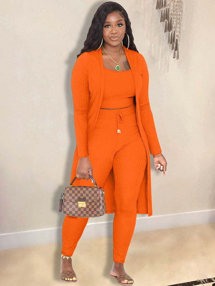 Open Front Cardigan Long Pants Three Piece Outfits