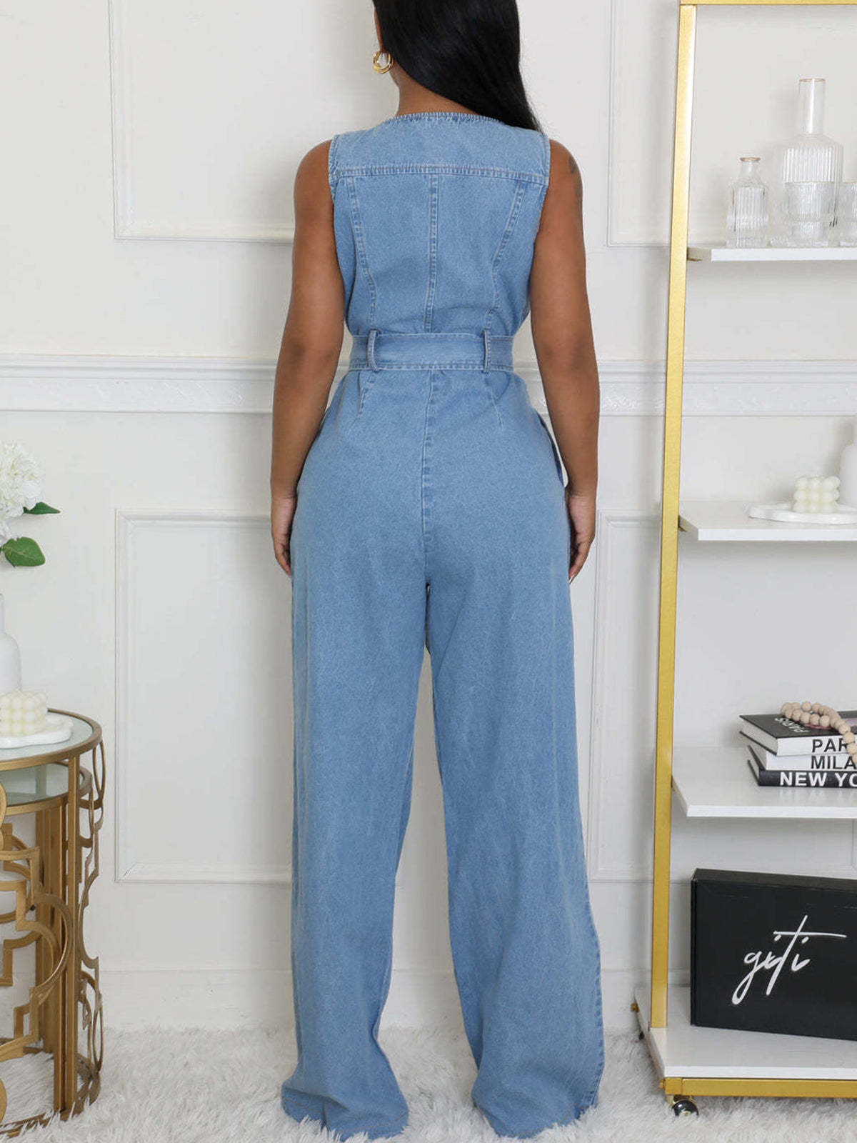 Sleeveless Tie-Waist Denim Jumpsuit