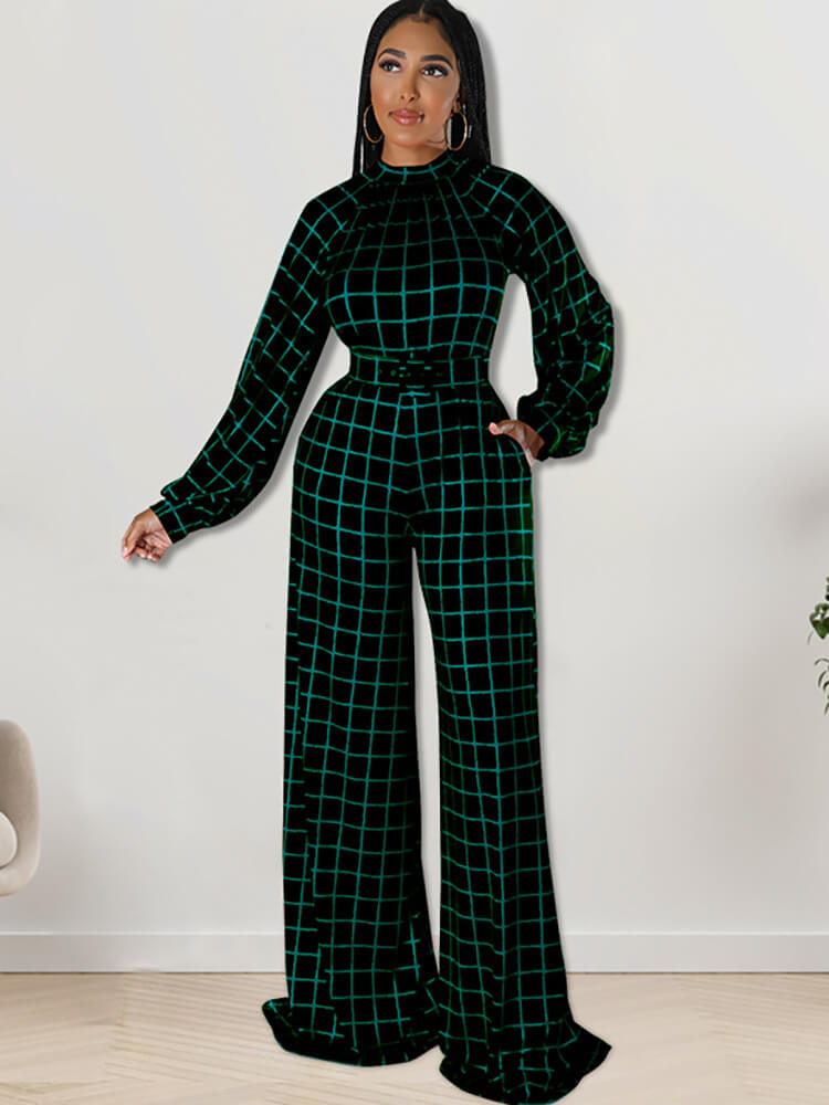 Long Sleeve Plaid Print Wide Leg Jumpsuit