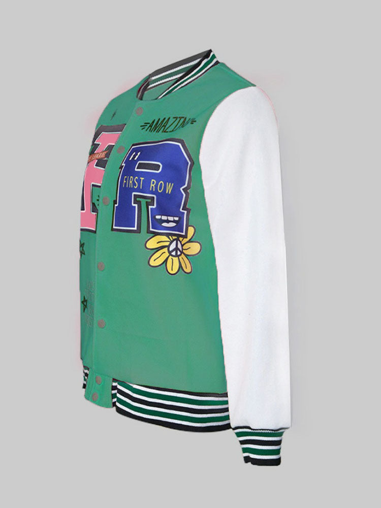 Plus Size Long Sleeves Button Baseball Jacket