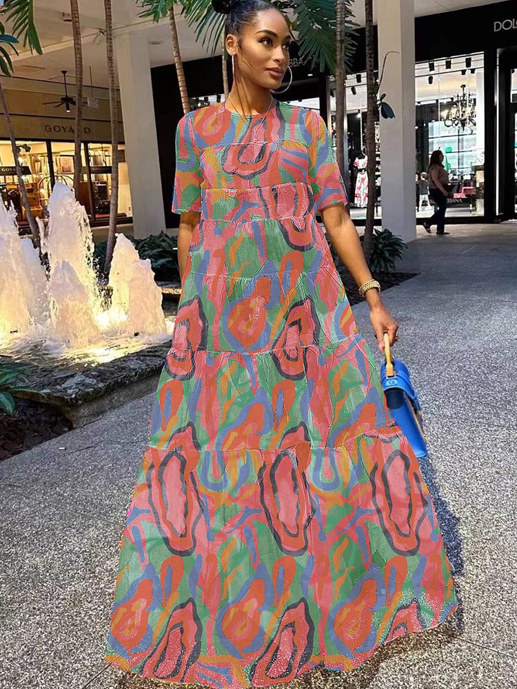 Mesh Short Sleeve Print Flowy Maxi Dress