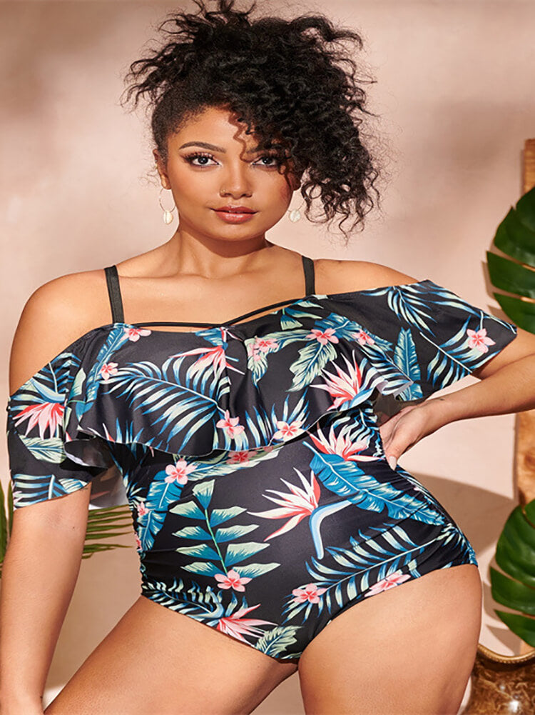 Off Shoulder Floral Print Swimsuit