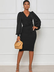 Ribbed Lantern Sleeve Patchwork Bodycon Midi Dress