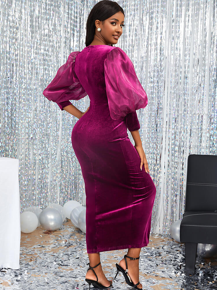 Lantern Sleeve Mesh Patchwork Split Maxi Dress