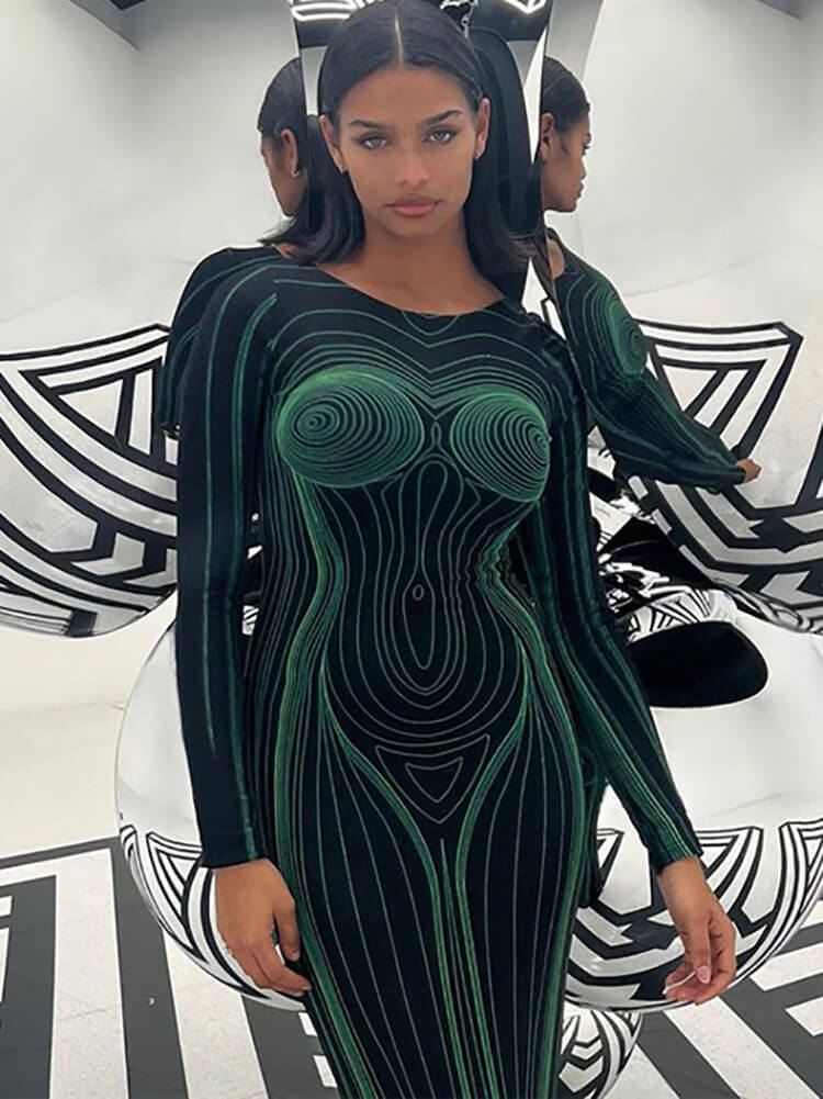 Long Sleeve Striped Bodycon Maxi Dress