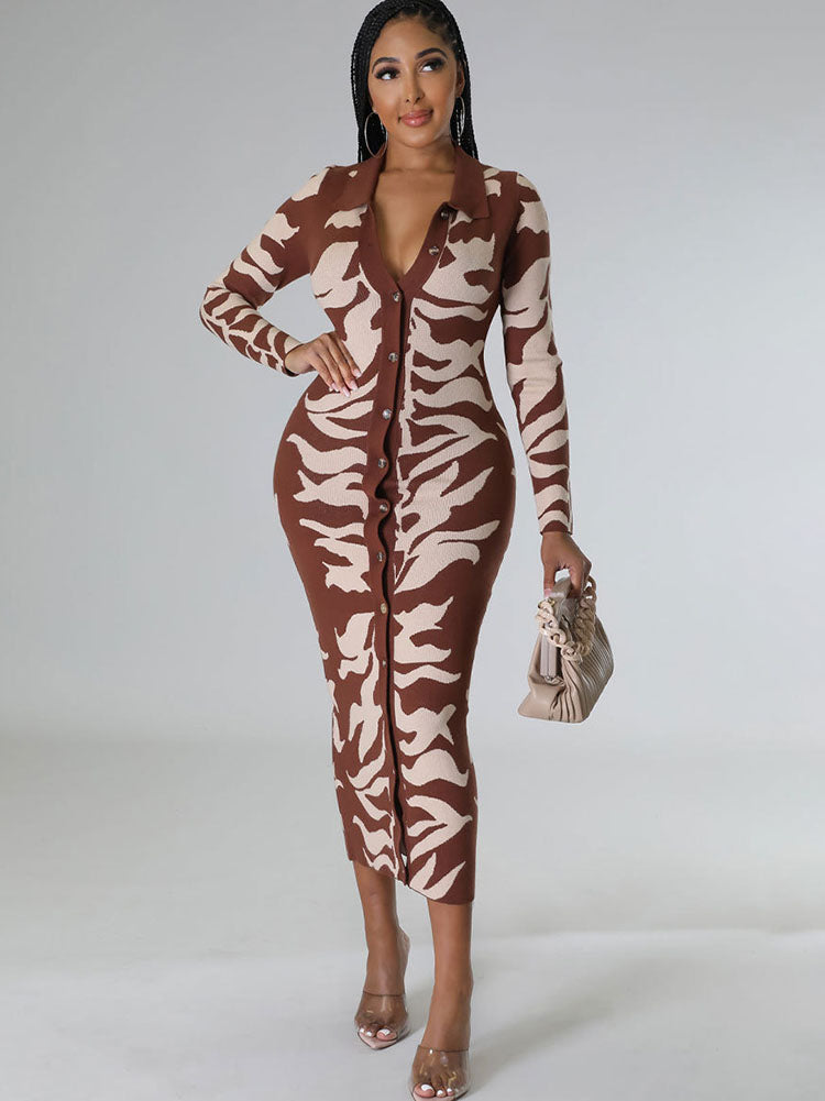 Long Sleeves Lapel Button Midi Dress