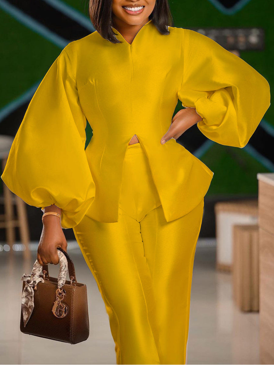 Puff Sleeve Slit Top Pants Set