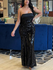 Strapless Bow Tie Back Sequin Maxi Dress
