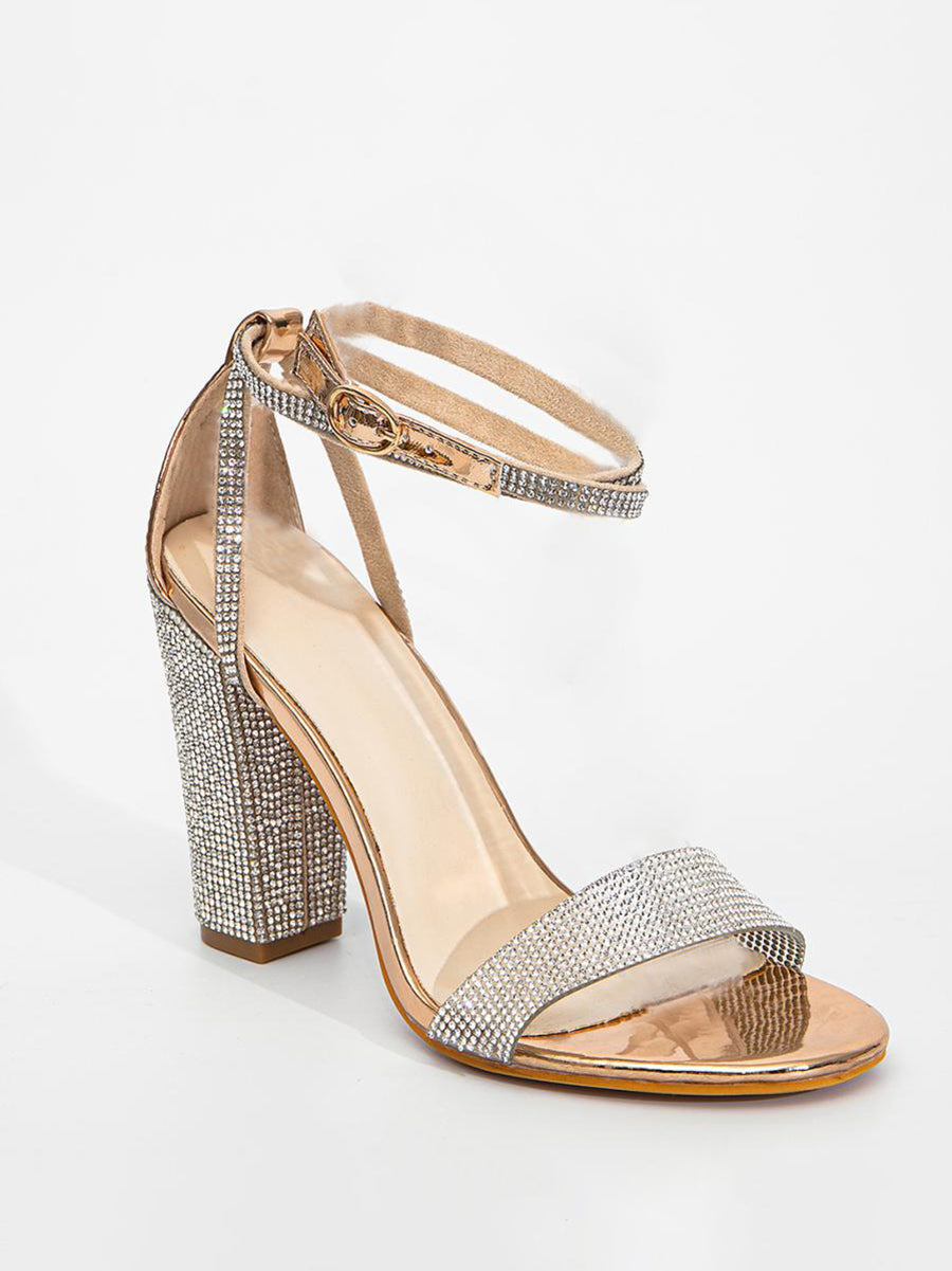 Rhinestone Ankle Strap Block Heel Sandals