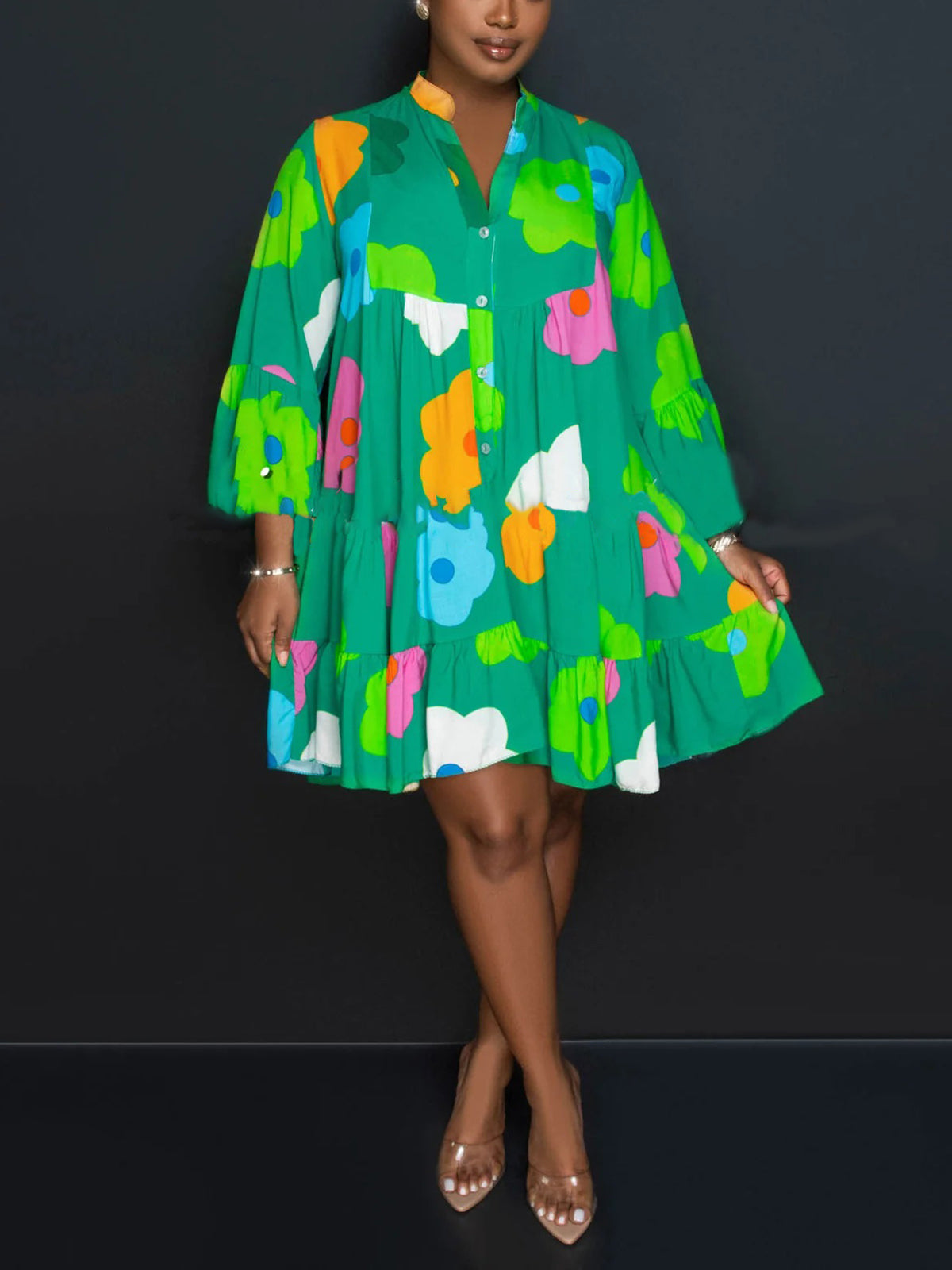 Long Sleeve Floral Print Shirt Dress