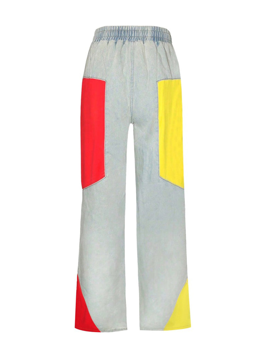 Drawstring High Waist Color Block Jeans
