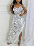 Sequin Halter Backless Feather Trim Dress