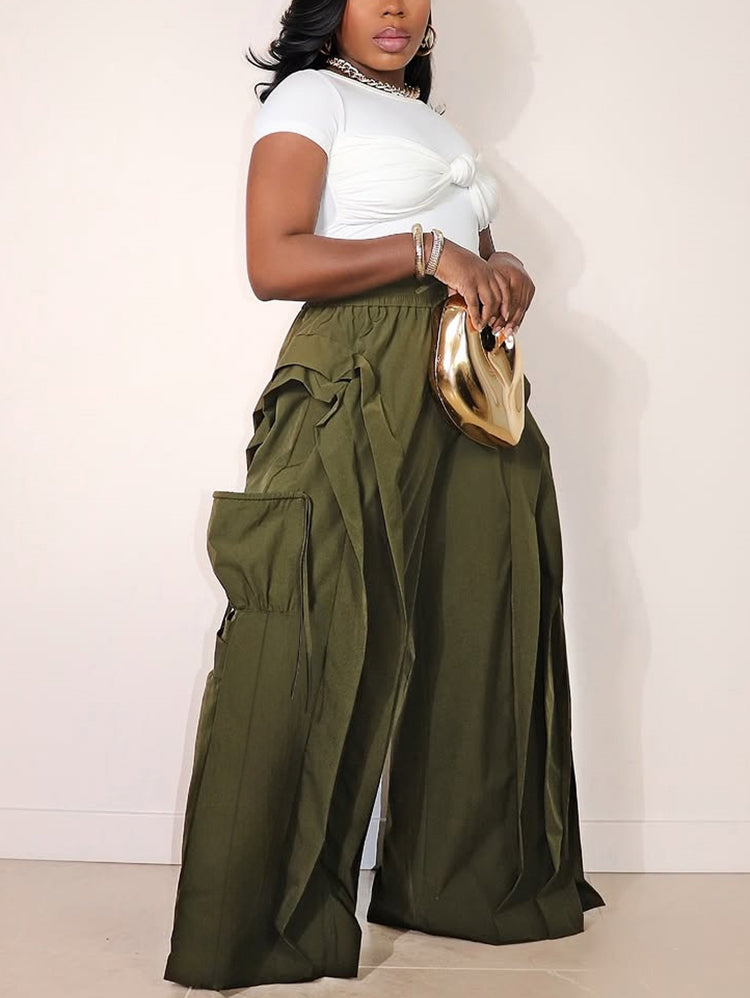 Ruffle Trim Drawstring Wide Leg Pants