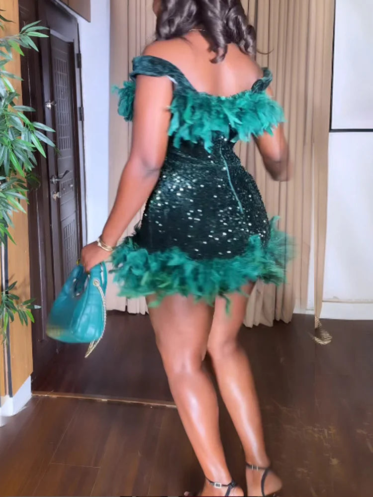 Sleeveless Feathers Sequin Party Mini Dress