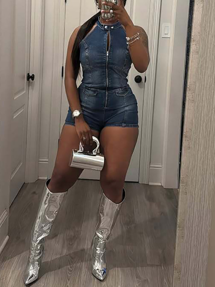Sleeveless Zip Front Cutout Denim Romper