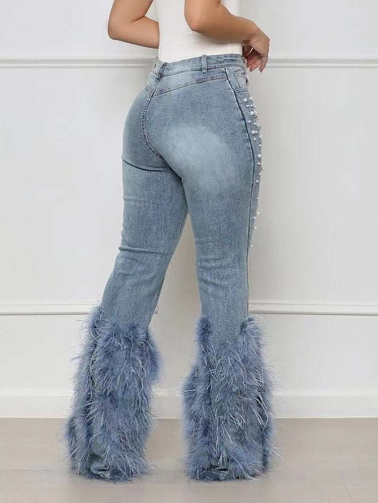 Feather Beaded Distressed Flare Jeans