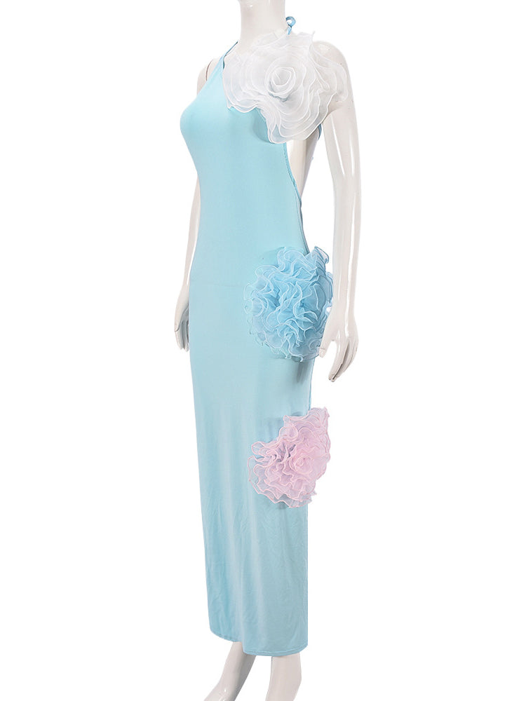 3D Floral Embellished Backless Halter Dress