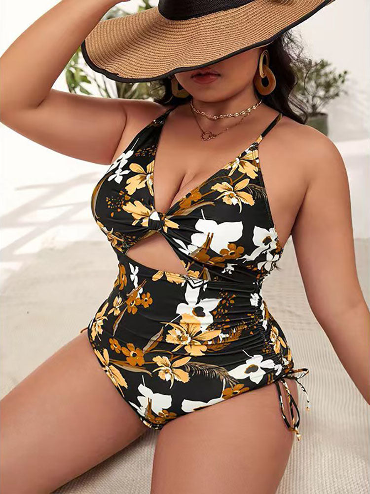 Plus Size Floral Print Backless Swimsuit