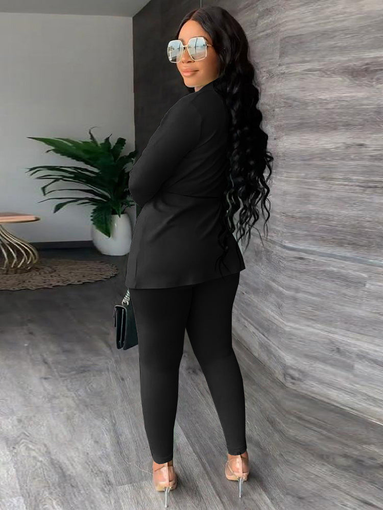 Two Piece Drawstring Blazer Bodycon Long Pants