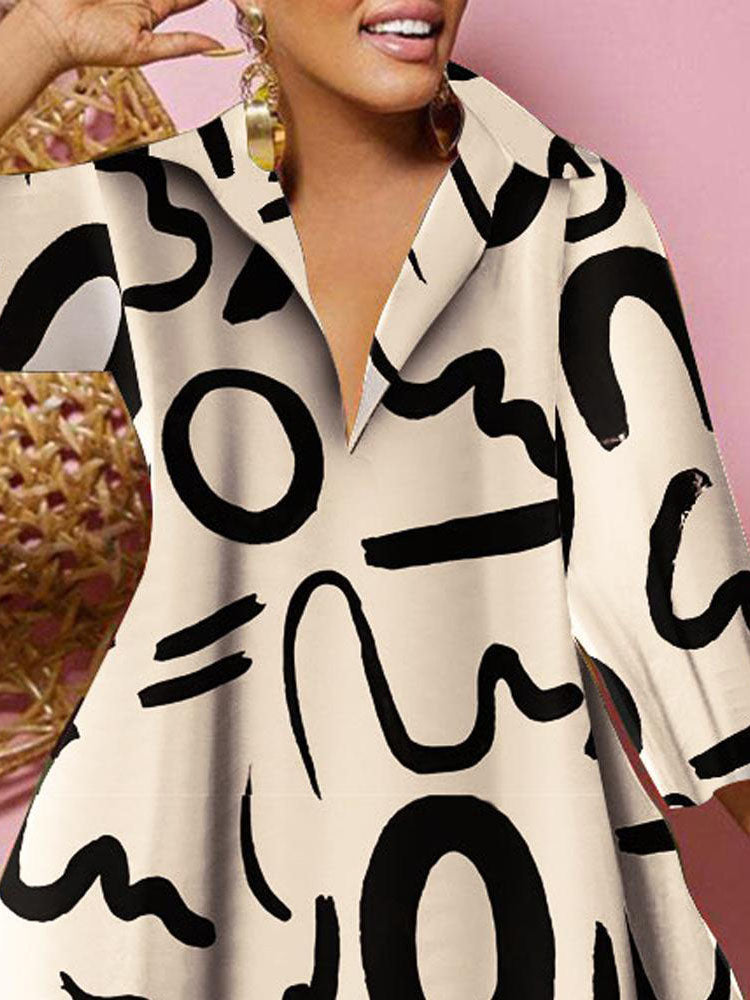 Long Sleeves V Neck Print Midi Dress