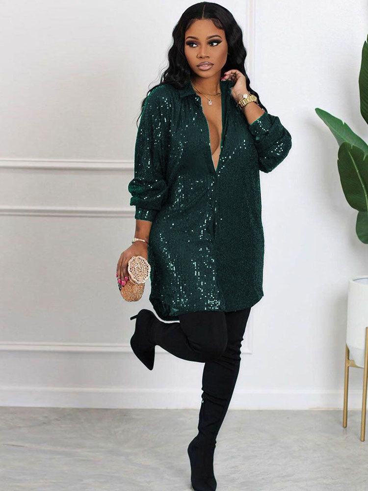 Glitter Sequins Long Sleeve Mini Shirt Dress