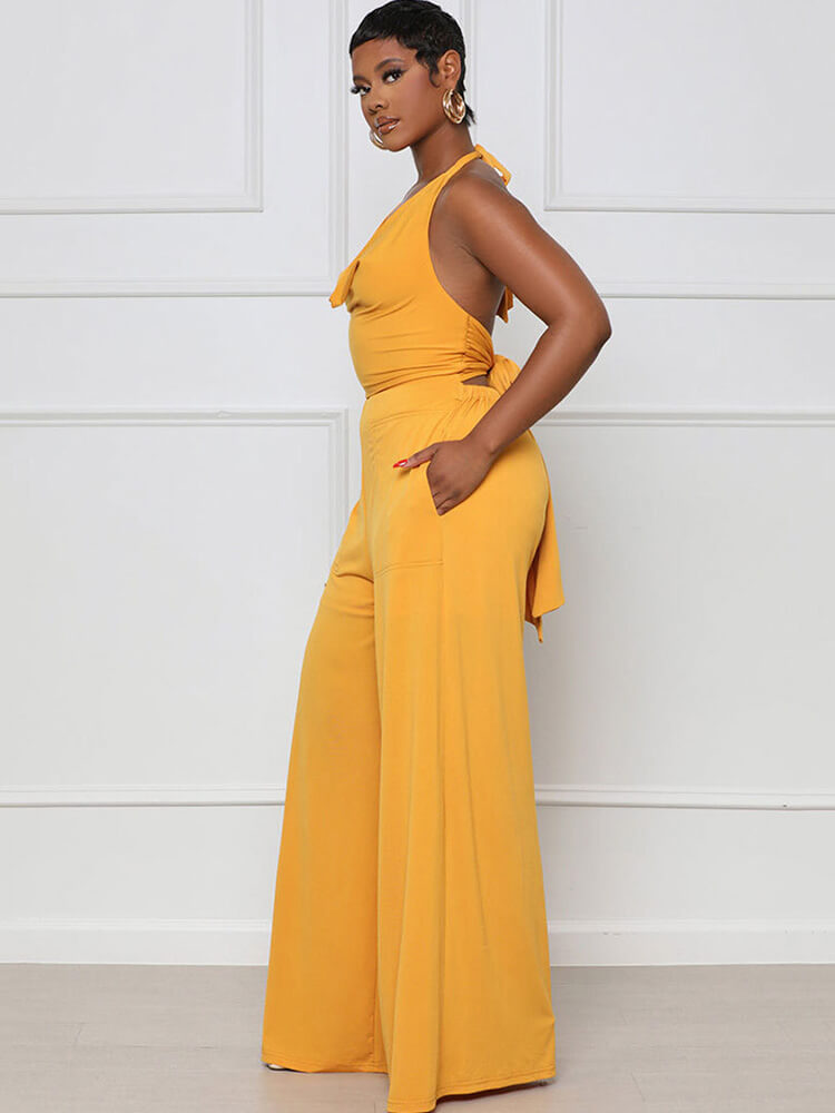 Halter Neck Backless Lace Up Wide Leg Jumpsuit