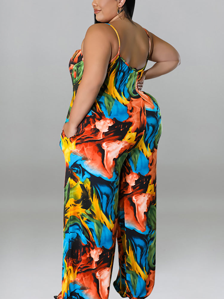 Plus Size Floral Print Strap Jumpsuit with Belt