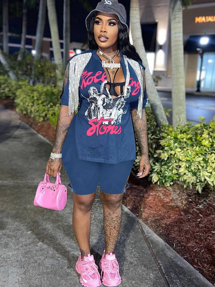 Two Piece Short Sleeve Figure Print Top Slit Shorts