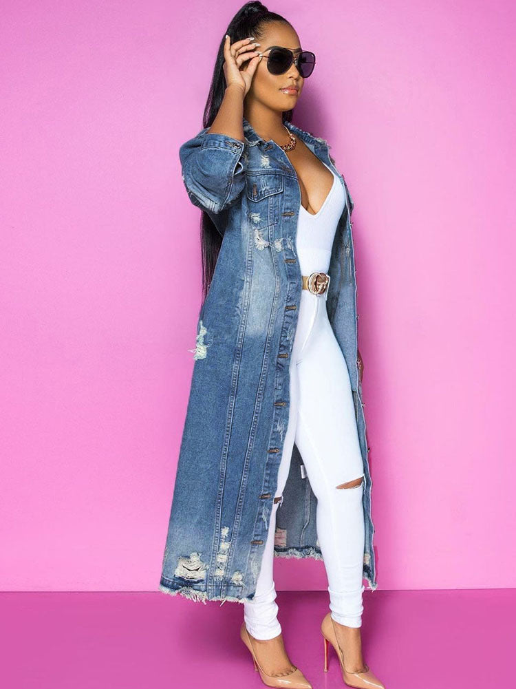 Long Sleeve Ripped Long Denim Jacket