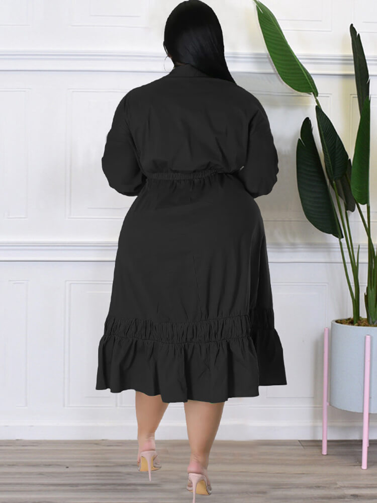 Long Sleeve Lace Up Solid Midi Dress