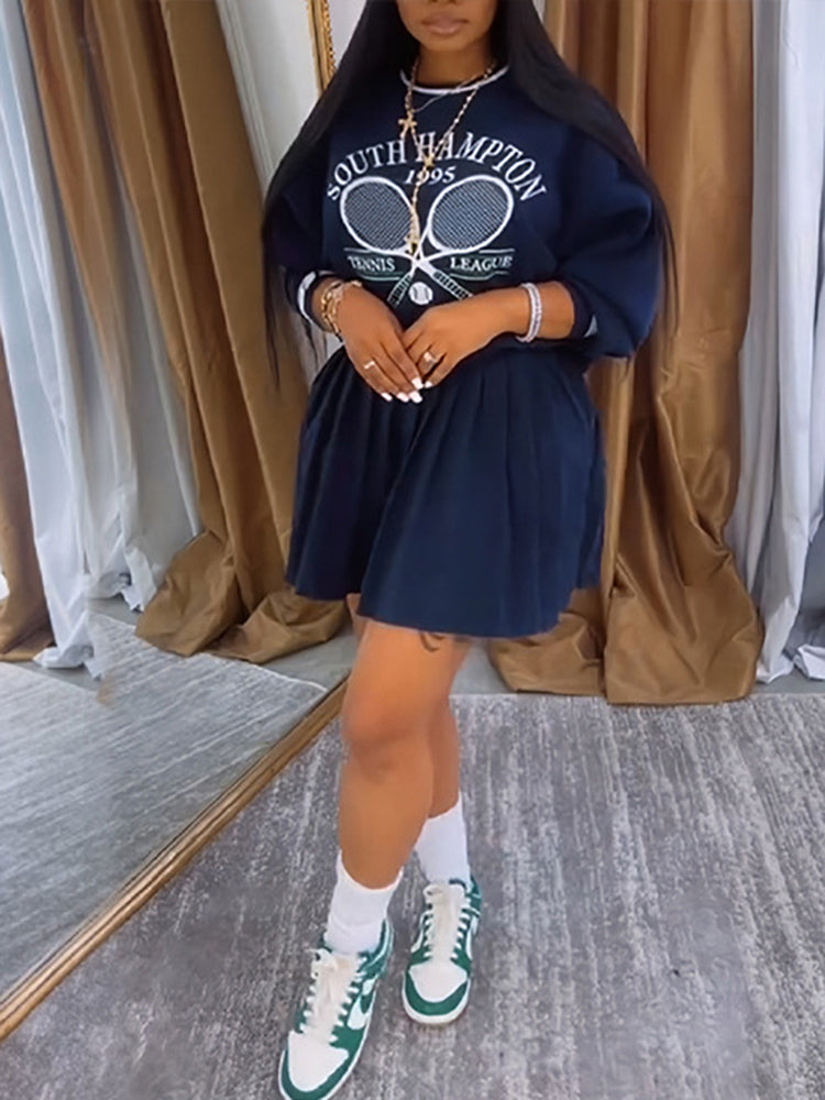 Printed Pullover Sweatshirt & Pleated Skirt Set