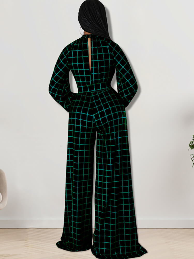 Long Sleeve Plaid Print Wide Leg Jumpsuit