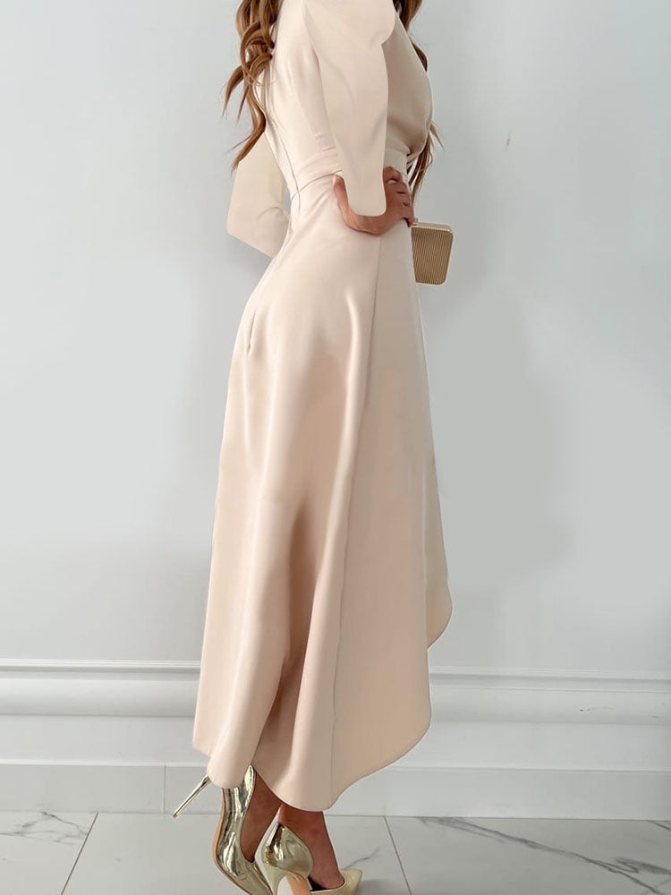V Neck Asymmetrical Hem Midi Dress