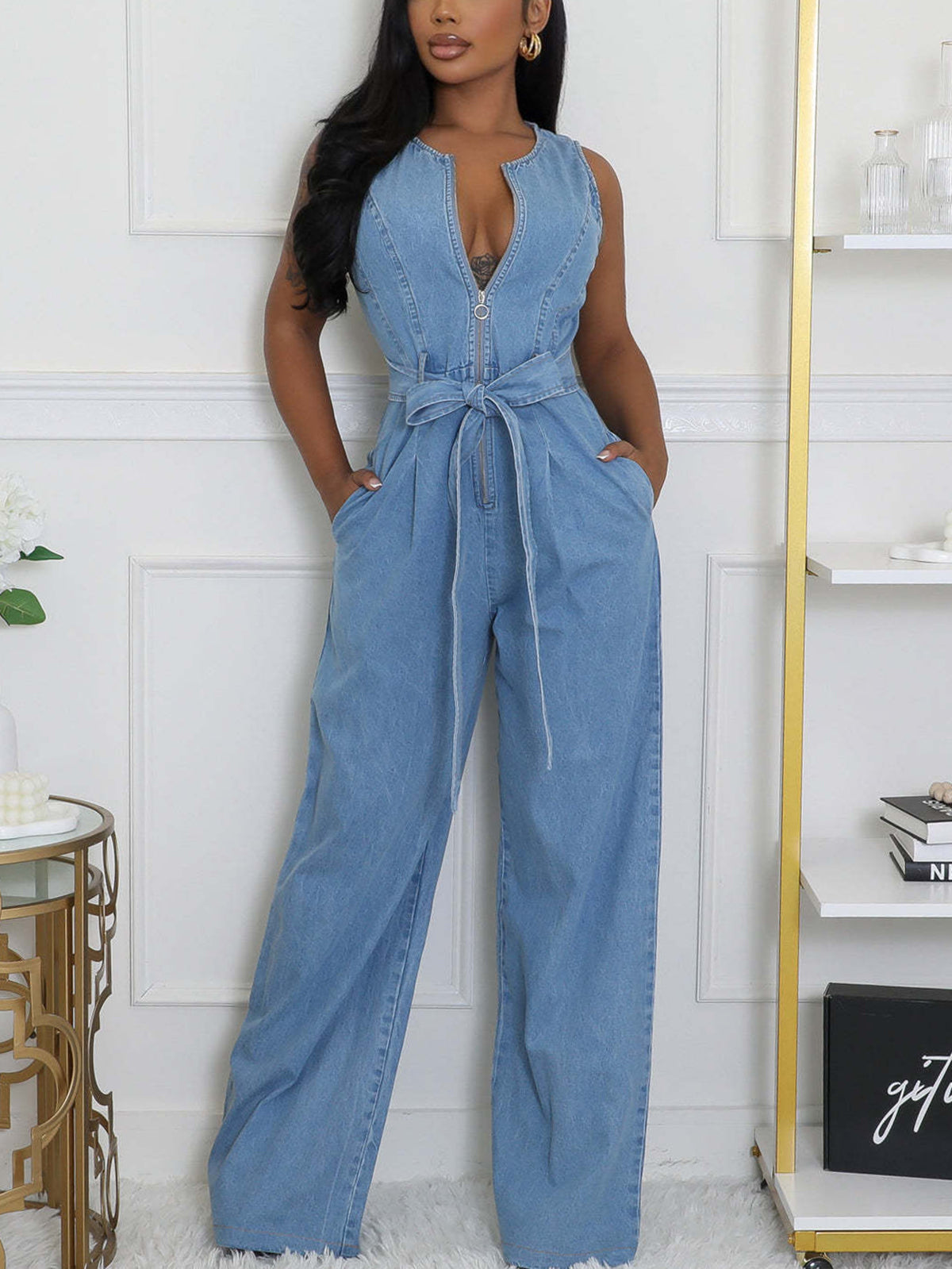 Sleeveless Tie-Waist Denim Jumpsuit