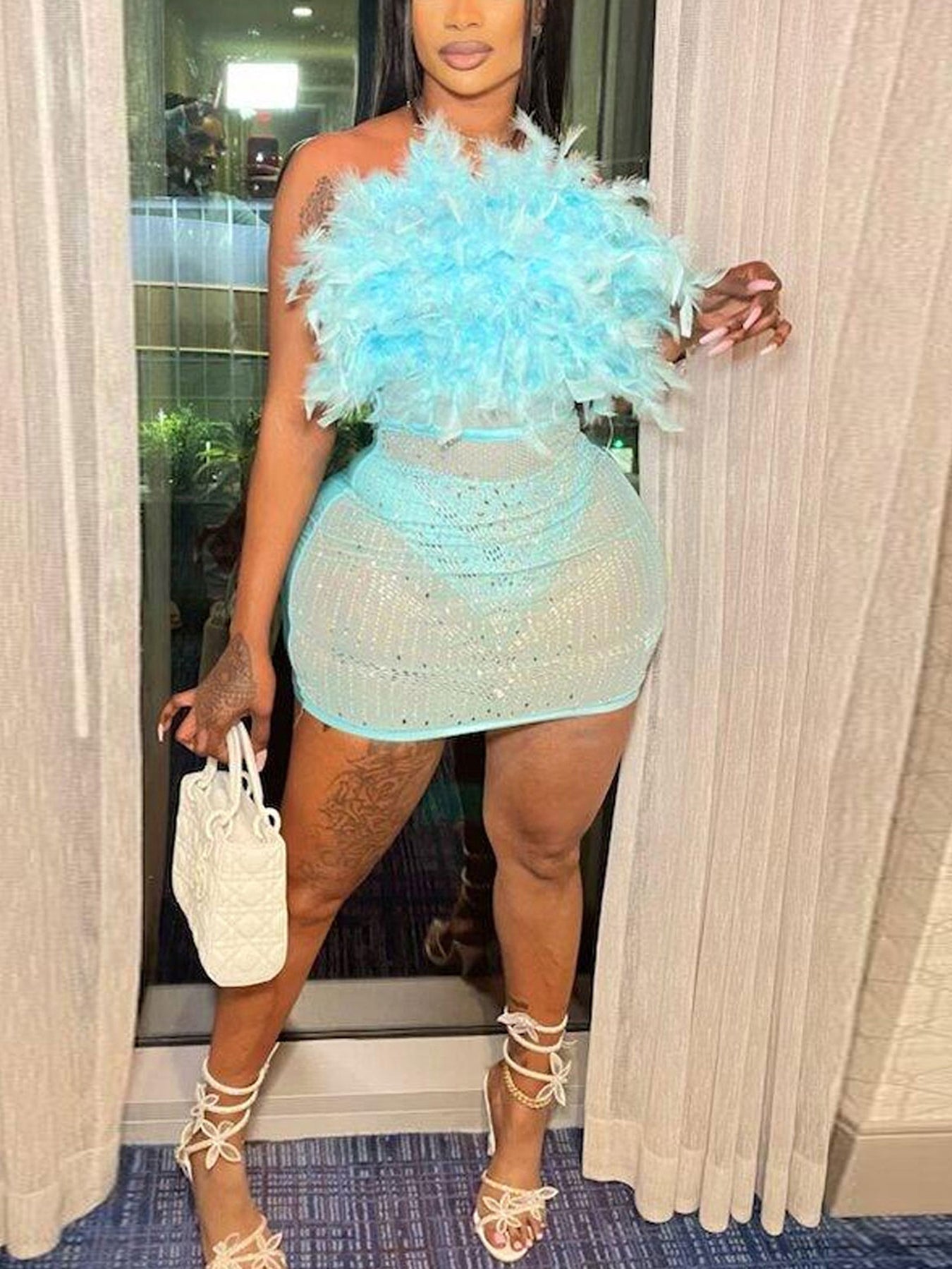 Feather Rhinestone Strapless Mini Dress