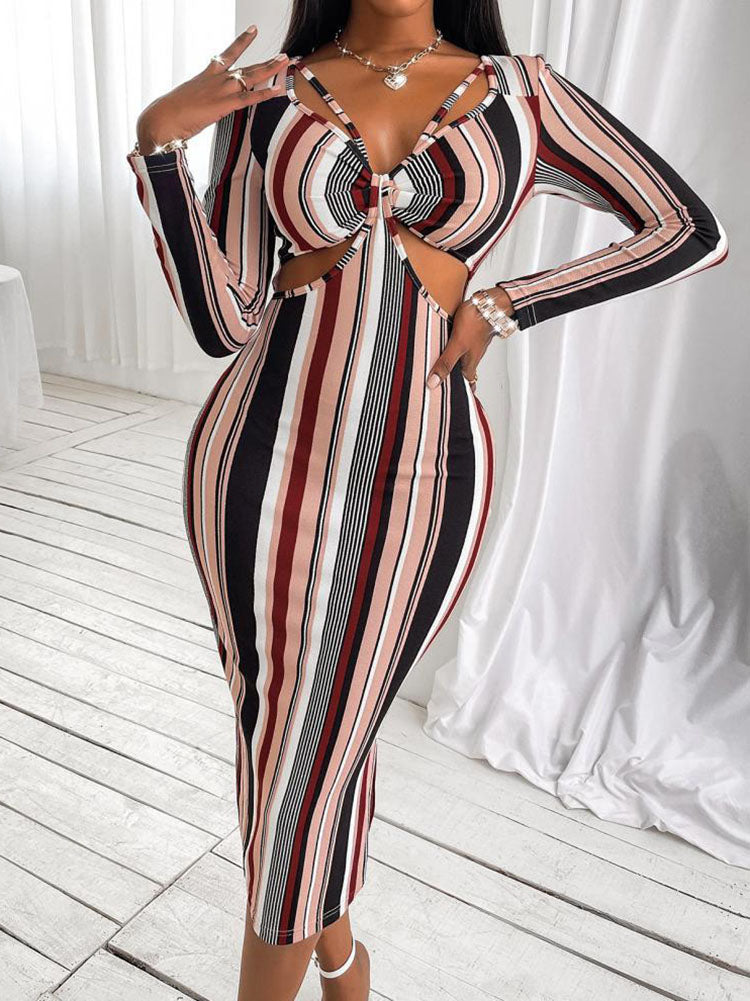Striped Print Long Sleeve Midi Dress